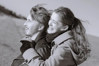 A black & white photo of a couple during their engagement session in Omaha, NE